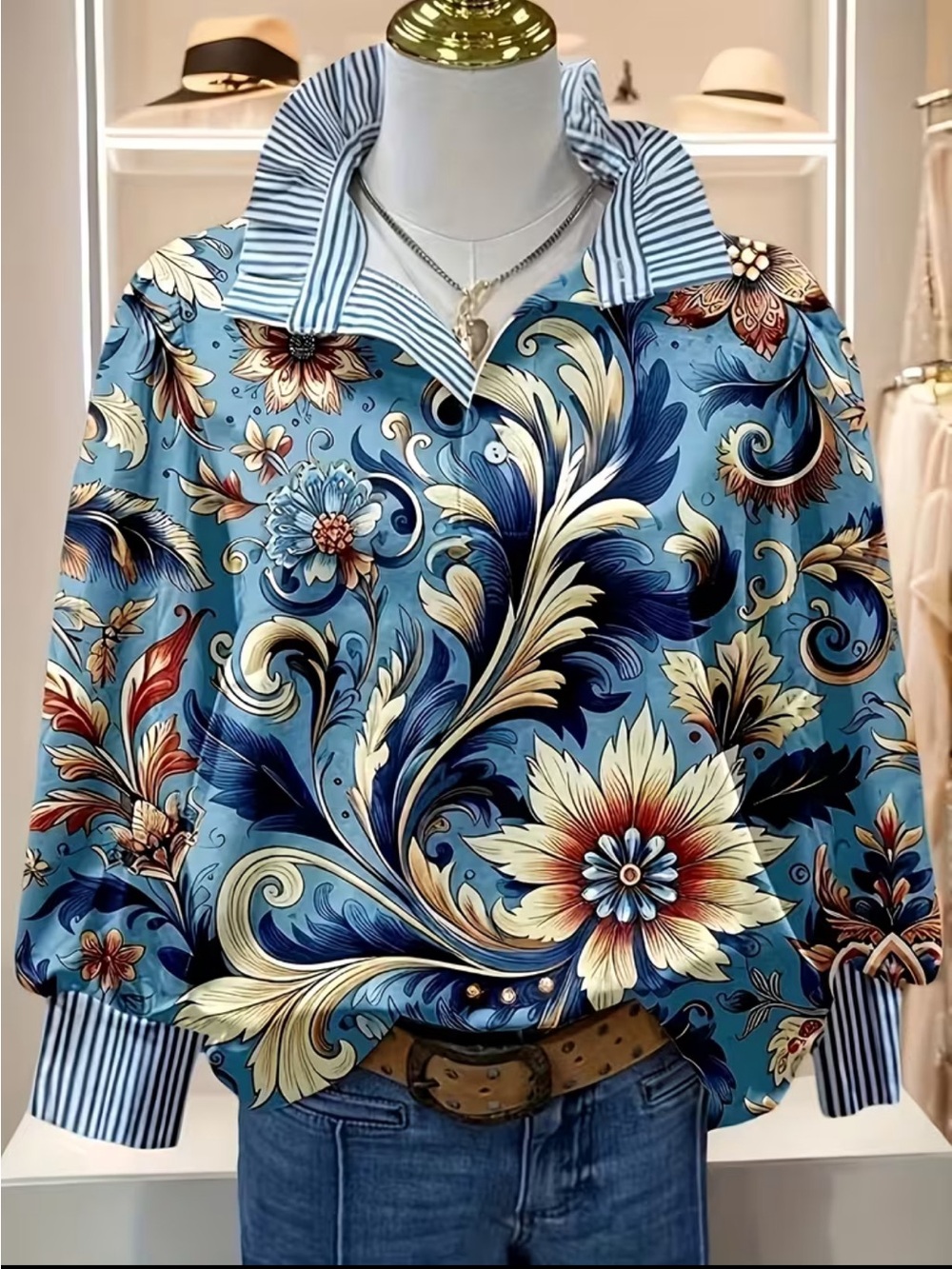 Blue Floral Baroque Print Blouse Medium